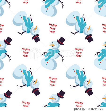 Seamless pattern with cute smiling snowmen. Merry holiday print, New Year decorations. Winter and festive background Seamless pattern with cute smiling snowmen. Merry holiday print, New Year decorations. Winter and festive background 84695077