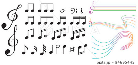 Musical symbols with wave lines on white background Musical symbols with wave lines on white background 84695445