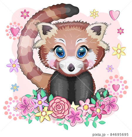 Red panda, cute character with beautiful eyes, bright childish style. Rare animals, red book, cat, bear. 84695695