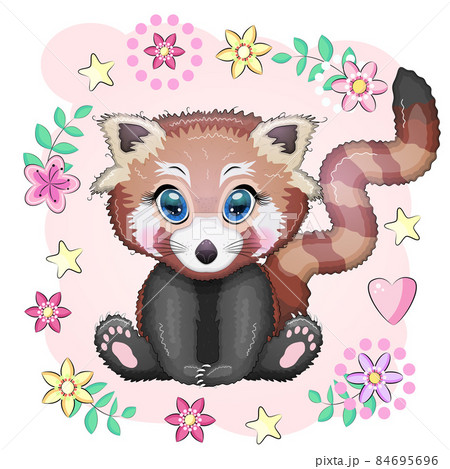 Red panda, cute character with beautiful eyes, bright childish style. Rare animals, red book, cat, bear. 84695696