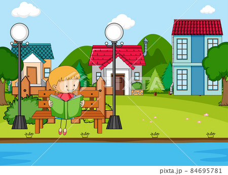 Front house scene with a girl reading book sitting on bench 84695781