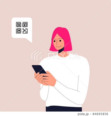 Young female cartoon character holding smartphone with QR sign. Concept of electronic id, identification, vaccine passport or certificate, QR verification, online shopping. Vector illustration. Eps 10 84695856