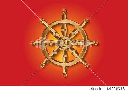 Golden Dharma wheel. Buddhism sacred symbol. Dharmachakra. Vector illustration isolated on colorful background  84696318