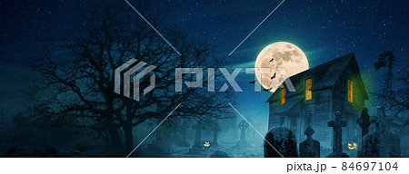 Halloween Wallpaper. Scary house near a cemetery with trees, full moon, bats, fog and pumpkins.  Spooky Halloween Picture Ideas 84697104