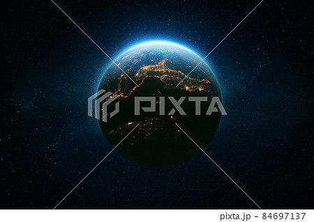 Amazing beautiful blue planet Earth with bright night city lights in starry space. Life Concept. Civilization. Space Wallpaper. 84697137
