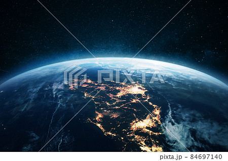 Amazing planet earth with night city lights, Japan view from space. Electricity Concept Amazing planet earth with night city lights, Japan view from space. Electricity Concept 84697140