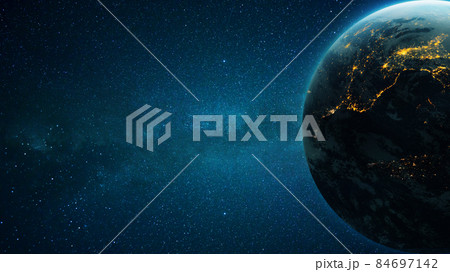 Amazing deep space with stars and a blue planet Earth with city lights at night. Space for design and text. Amazing deep space with stars and a blue planet Earth with city lights at night. Space for design and text. 84697142
