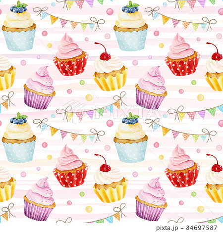 Seamless Pattern With Watercolor Cupcakes On のイラスト素材
