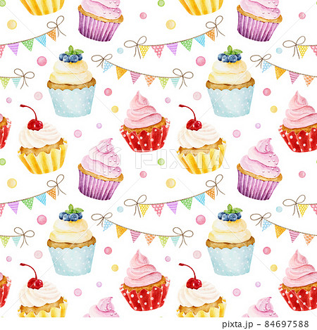 Seamless Pattern With Watercolor Cupcakes のイラスト素材
