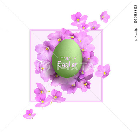 Easter greeting card with green colored egg and pink flowers isolated on a white framed background 84698302