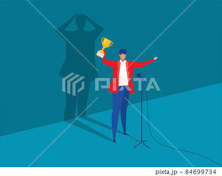 Imposter syndrome.man standing for her present profile with fear shadow behind. Anxiety and lack of self confidence at work; the person fakes is someone else concept 84699734