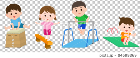 とび箱 平均台 鉄棒 マット運動 をする男の子と女の子 体操セット イラストのイラスト素材