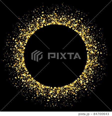 Round Glitter christmas border. Gold glowing sparkle Circle frame on empty black background 84700643