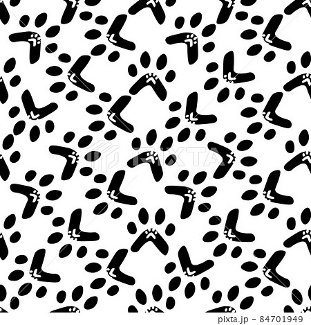 Flat cartoon animal footprint silhouette seamless pattern. Cat or dog foot, unknown animal. Black print paw trace. Vector illustration. Trendy style design 84701949
