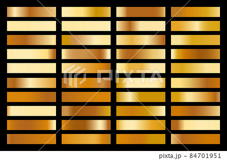 Metalic gradient collection with shiny gold hologram. Holographic foil texture, gold rose, brown and golden gradation. Vector set for frame, ribbon, border, other design 84701951