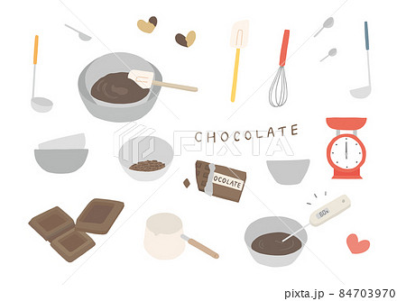 チョコレートの湯煎にまつわる手描きイラスト（カラー/輪郭線なし） 84703970