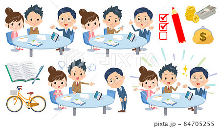 塾講師が学生と保護者相手に話し合いをしているイラストセット 84705255