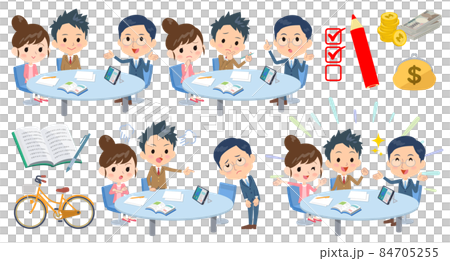 塾講師が学生と保護者相手に話し合いをしているイラストセット 84705255