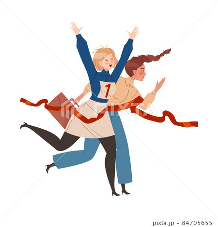 Business women crossing finish line. Team leaders race competition. Leadership and teamwork vector illustration 84705655