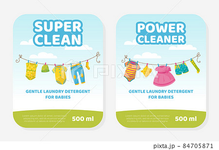 Super clean gentle laundry detergent for babies labels set. Eco-friendly detergent for washing children clothes vector illustration Super clean gentle laundry detergent for babies labels set. Eco-friendly detergent for washing children clothes vector illustration 84705871