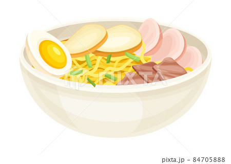 Bowl of noodles. Traditional Asian meal with egg, meat and vegetables vector illustration 84705888
