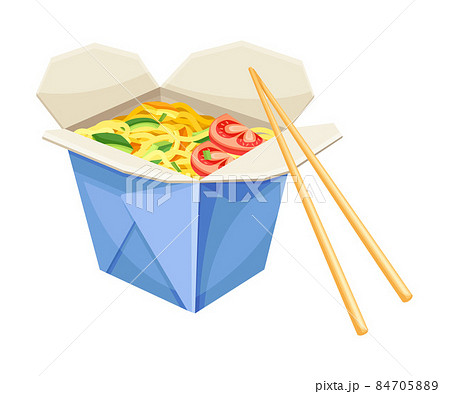 Noodle takeaway box with chopsticks. Traditional Asian meal with noodles and vegetables vector illustration Noodle takeaway box with chopsticks. Traditional Asian meal with noodles and vegetables vector illustration 84705889