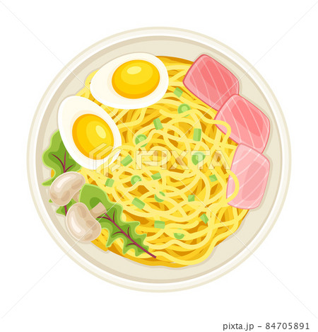 Bowl of ramen soup, top view. Traditional Asian meal with noodles, egg, salmon fish and mushrooms vector illustration 84705891
