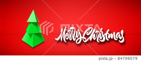 Christmas card with green 3D tree and Xmas lettering for winter holidays celebration 84706079