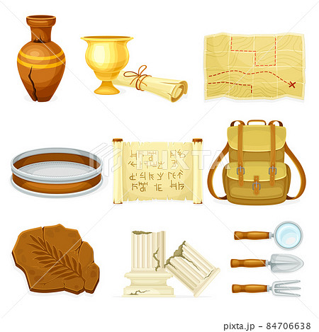 Archeological tools and artifacts set. Ancient papyrus, ruined marble pillar, archeological map, vase vector illustration 84706638