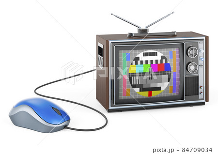 Smart TV concept. TV set with computer mouse. 3D rendering Smart TV concept. TV set with computer mouse. 3D rendering 84709034