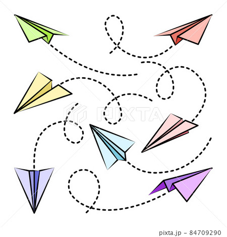 Various hand drawn paper planes. Colorful doodle airplanes with dotted route line. Aircraft icon 84709290