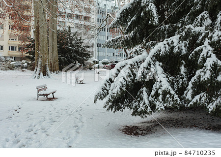 Strasbourg and velo under snow at winter 84710235