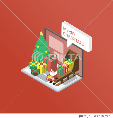 Merry Christmas banner from laptop with many gift boxes in isometric red background Merry Christmas banner from laptop with many gift boxes in isometric red background 84710797