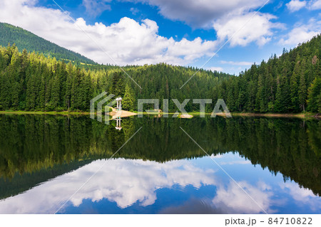 landscape with mountain lake in summer. forest and cloud reflection in the water. scenic travel background of synevyr national park, ukraine. beautiful nature scenery. green outdoor environment 84710822