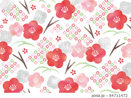 赤やピンクのかわいい梅などの花和柄水彩のイラスト素材