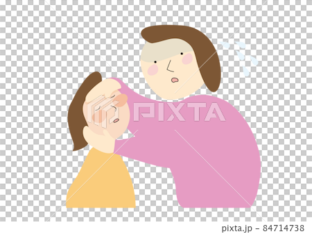 A child with a fever and a mother in a hurry with the child's fever 84714738