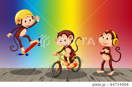 Monkeys doing different activities on rainbow gradient background 84714906