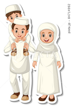 Sticker template with Muslim family cartoon character 84714992