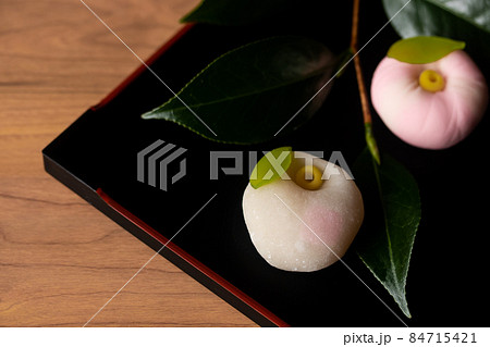 上生菓子 雪椿と冬椿の写真素材