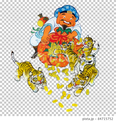 子虎たちのいたずらで小判をまく大黒天 84715752