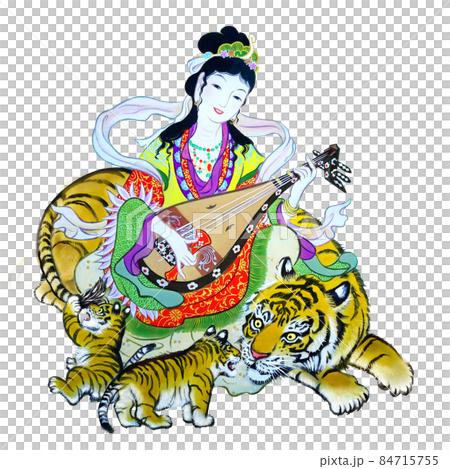 Benzaiten playing Biwa with a tiger's parent and child 84715755
