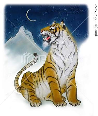 年寅年の雪山で月に吠える虎のイラスト素材 年寅年の雪山で月に吠える虎のイラスト素材