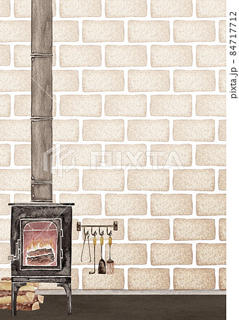 薪ストーブ 暖炉 背景 フレーム 水彩 イラストのイラスト素材