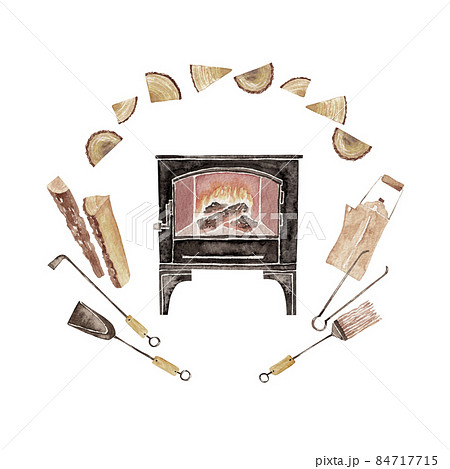 薪ストーブ　暖炉 道具 セット　水彩 イラスト 84717715
