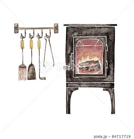 薪ストーブ 暖炉 道具 水彩 イラストのイラスト素材