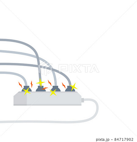 Electrical circuit. Shock, red lightning and yellow sparks from the outlet. Fire situation with smoke and safety. Connector and plug. System overload. The problem with the appliance 84717902