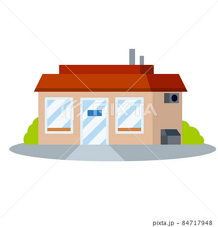 Small shop. Store with red roof. Food trade and supermarket. Facade of the house with showcase. Cartoon flat illustration. Town and city. Element of urban landscape Small shop. Store with red roof. Food trade and supermarket. Facade of the house with showcase. Cartoon flat illustration. Town and city. Element of urban landscape 84717948