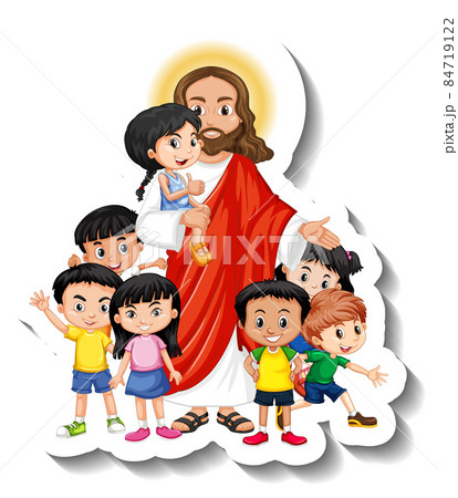 Jesus Christ with children group sticker on white background 84719122