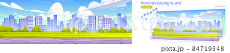 Parallax background with cityscape and green lawn Parallax background with cityscape and green lawn 84719348