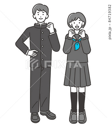 セーラー服や学ランを着てガッツポーズをとる男女の学生の上半身のベクターイラスト素材／制服／高校生／中 84719382